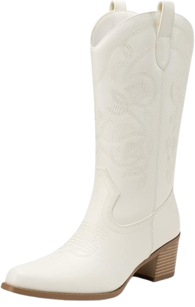 Fashion Embroidery Stitched Chunky Heel Mid Calf Boots