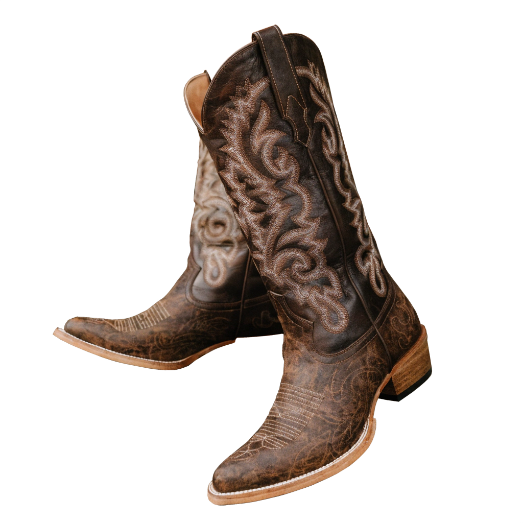 Dark brown embroidered cowboy boots with classic western stitching and square toe